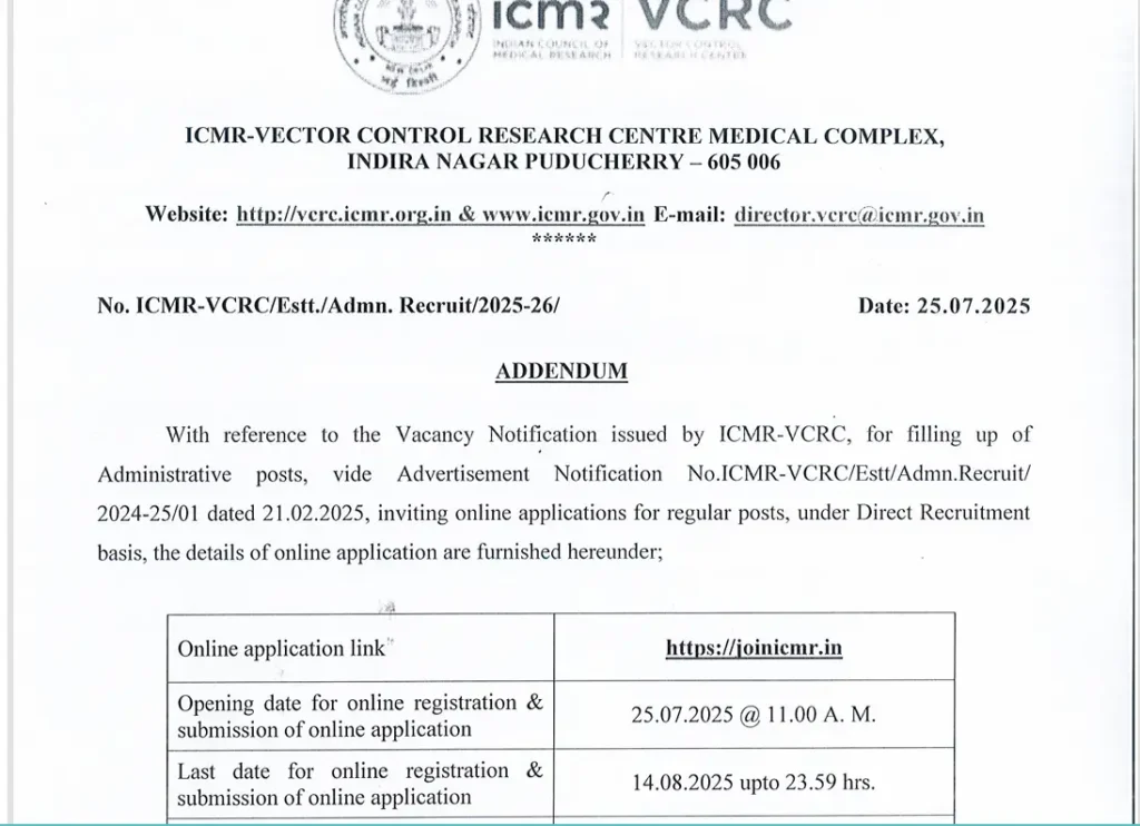 ICMR VCRC Recruitment 2025
