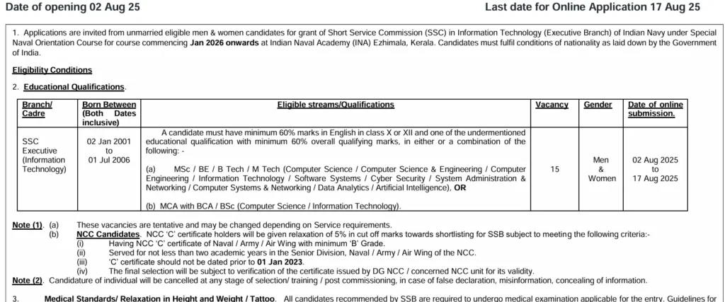 Indian Navy SSC Recruitment 2025 Notification