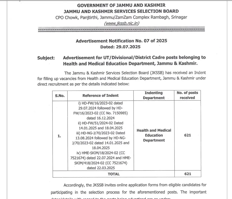 JKSSB Recruitment 2025 notification