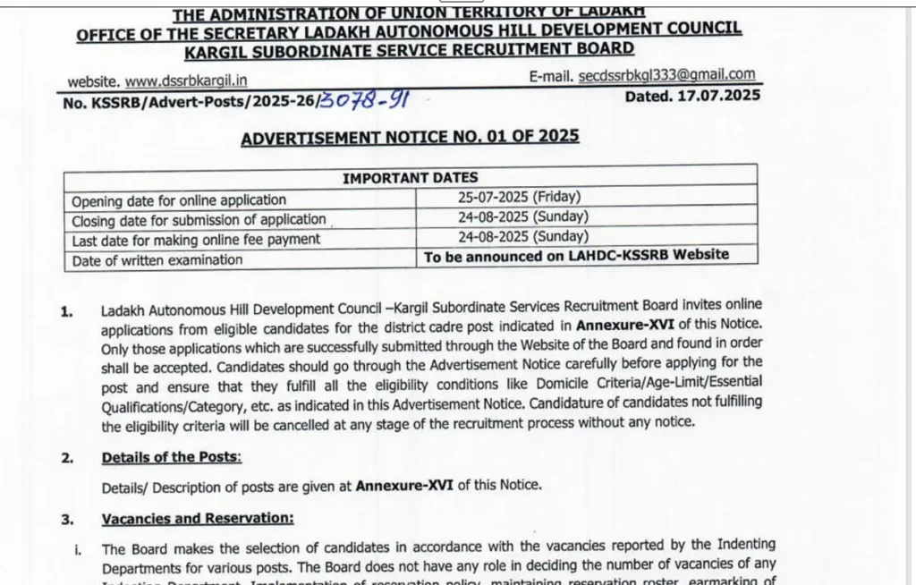LAHDC KSSRB Recruitment 2025 notification