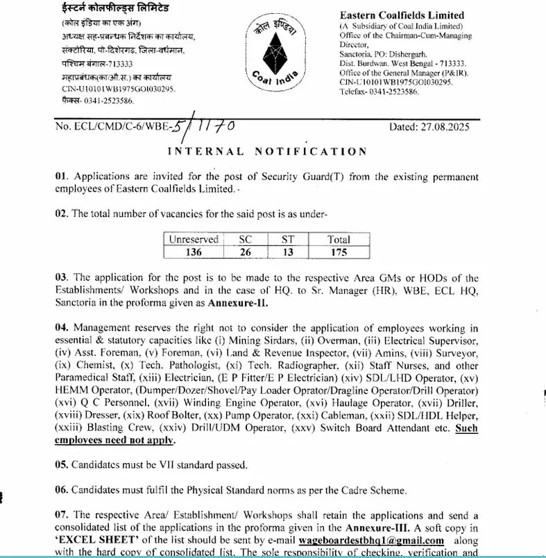 Eastern Coalfields Notification 2025