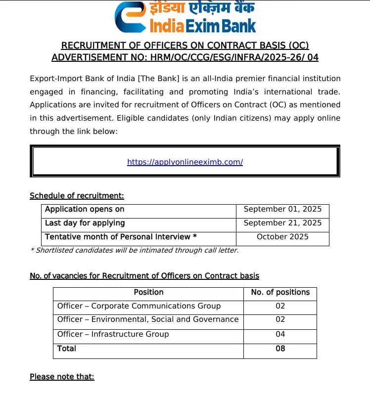Exim Bank Officers Recruitment 2025 Notification