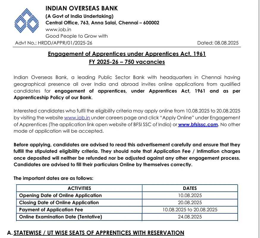 IOB Apprentices Notification 2025