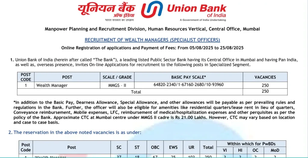 Union Bank Wealth Manager Recruitment 2025