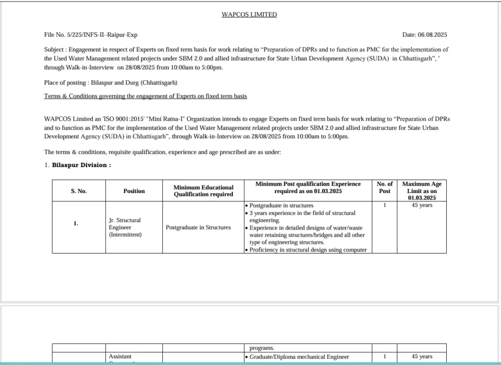 WAPCOS Site Engineer Recruitment 2025