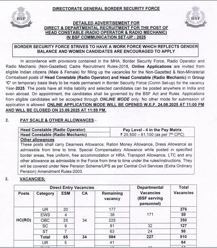 BSF Head Constable Recruitment 2025