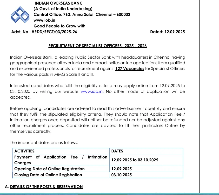 IOB Specialist Officers Recruitment 2025