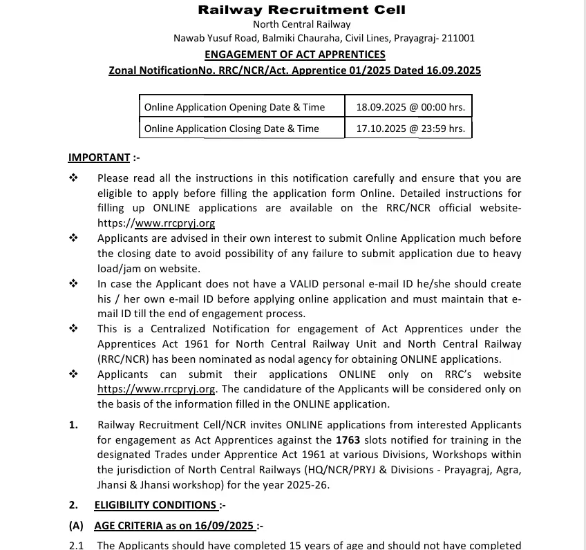 RRC NCR Apprentices Notification 2025