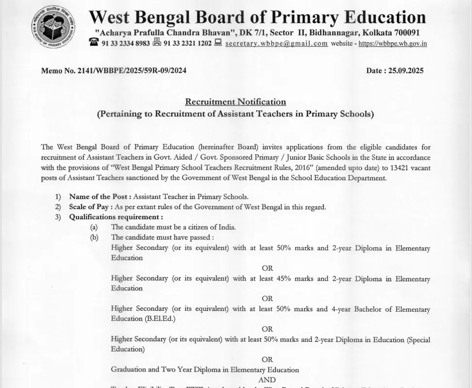 WB Primary Assistant Teacher Recruitment 2025