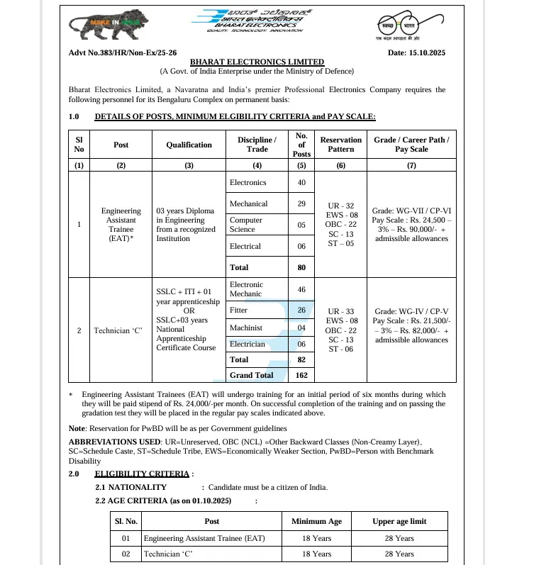 BEL Technician Recruitment 2025