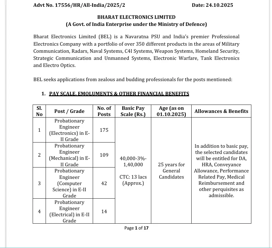BEL Probationary Engineer Recruitment 2025