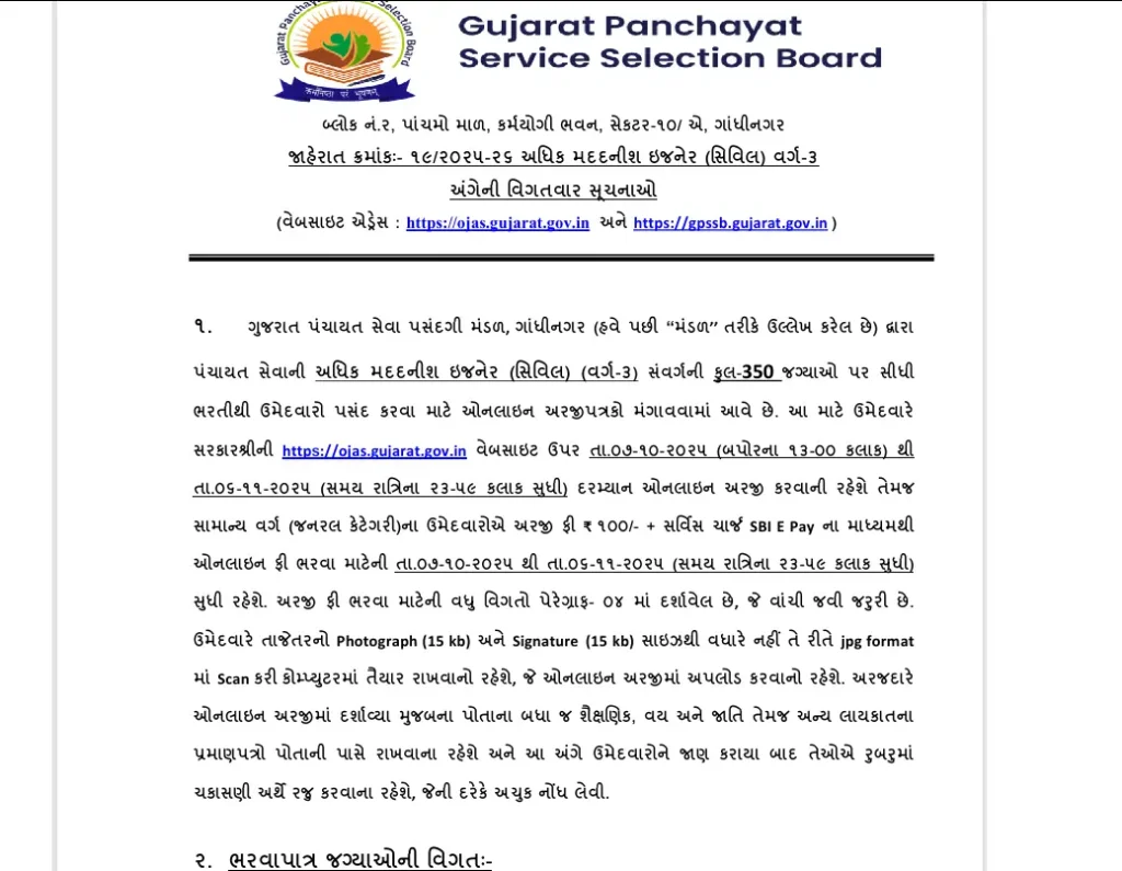 Gujarat PSSB Additional Assistant Engineer Recruitment 2025