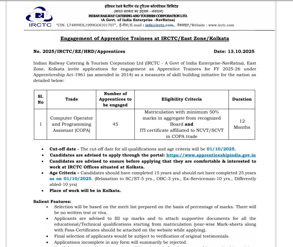 IRCTC Apprentice Trainees Recruitment 2025