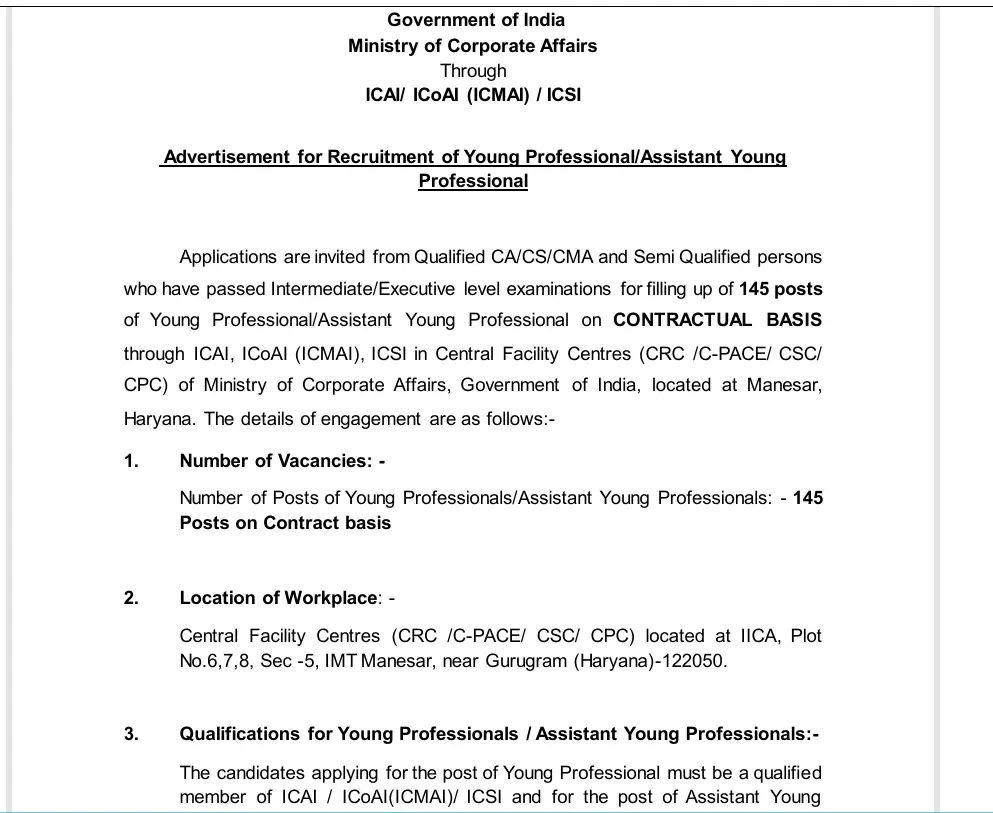 MCA Young Professionals Recruitment 2025