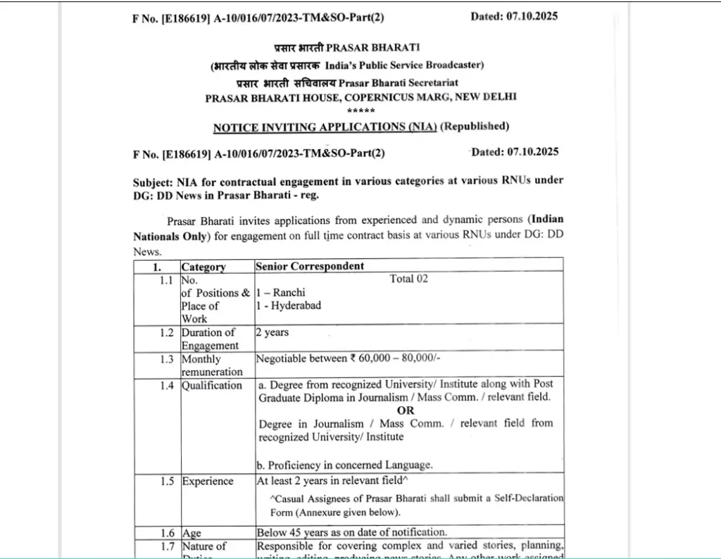 Prasar Bharati Editor Recruitment 2025