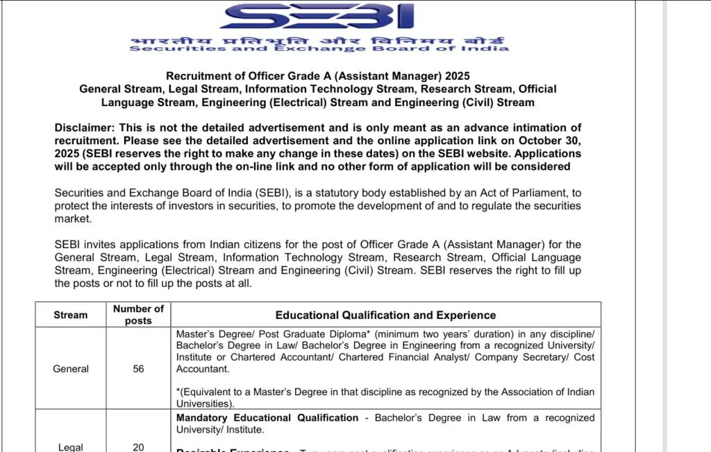 SEBI Assistant Manager Recruitment 2025