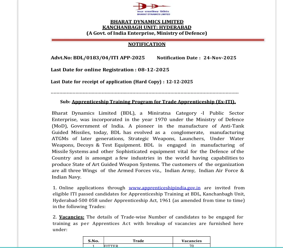 BDL Apprentices Recruitment 2025