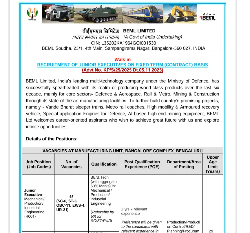 BEML Juniora Executive Recruitment 2025