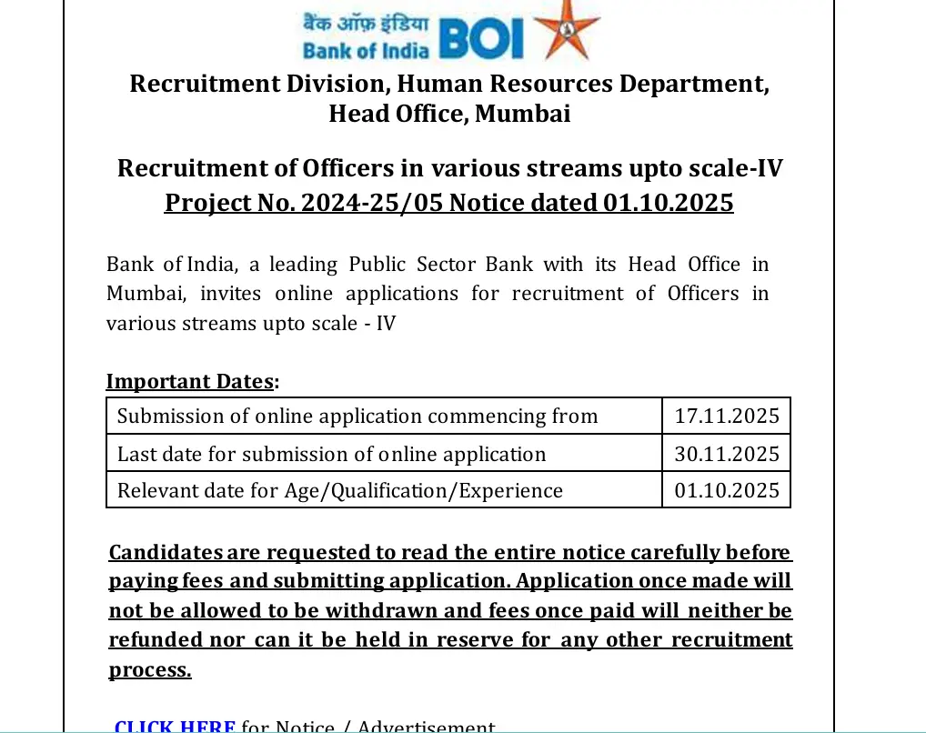 Bank of India Specialist Officer Recruitment 2025