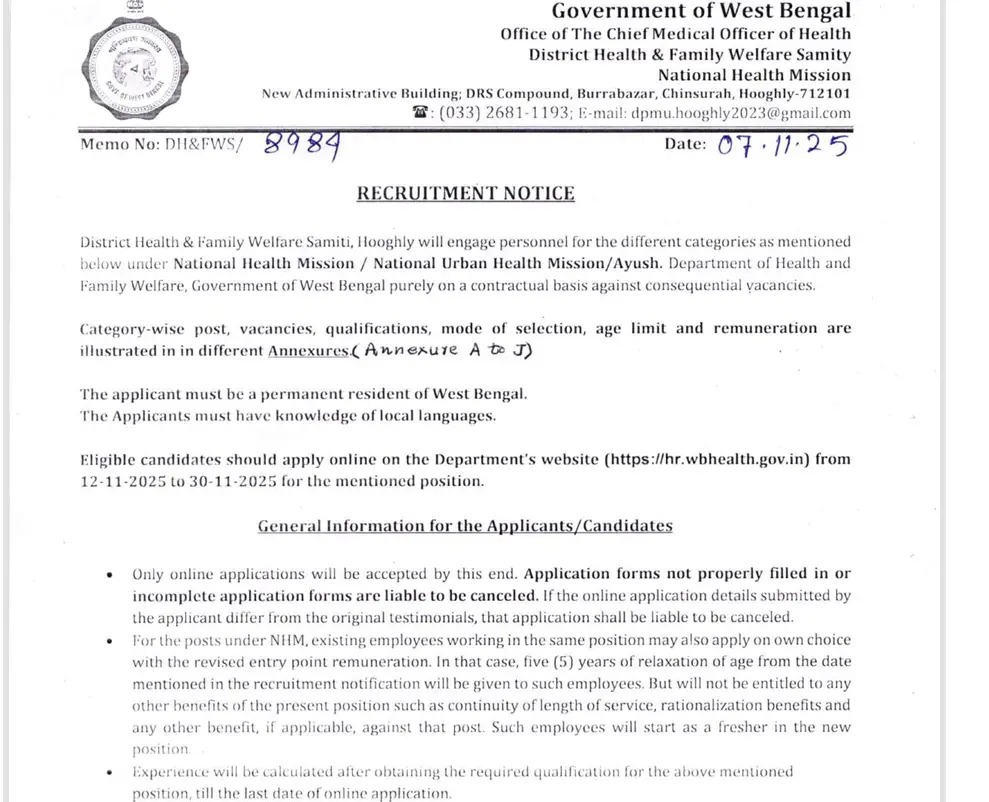 DHFWS Hooghly Specialist Recruitment 2025 