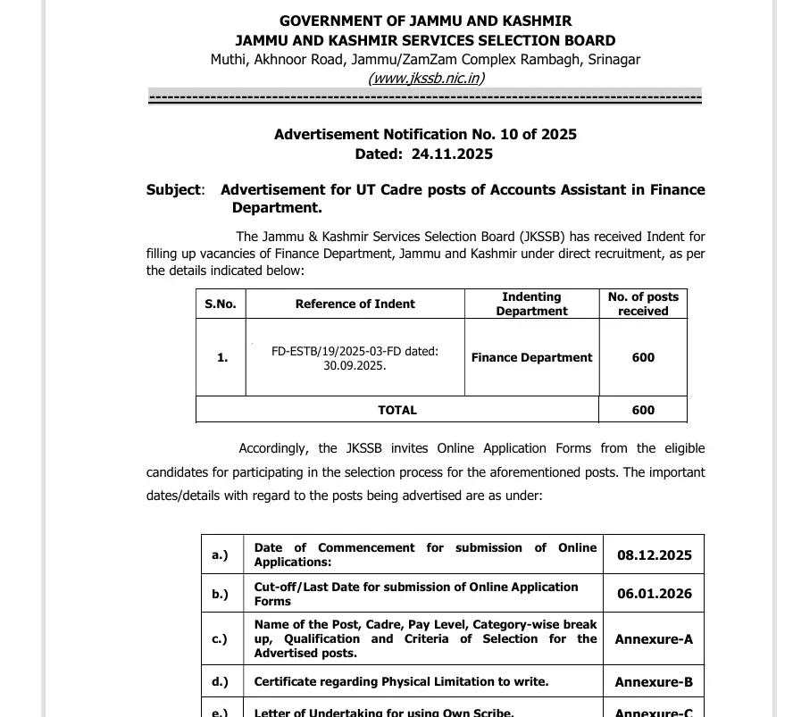 JKSSB Accounts Assistant Recruitment 2025