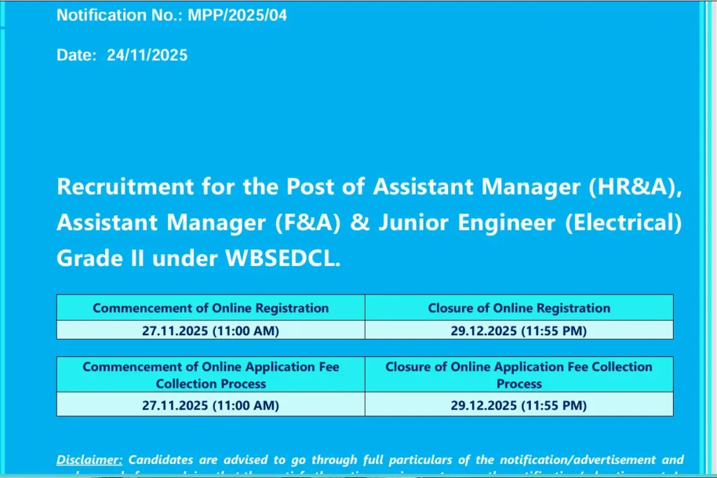 WBSEDCL JE Recruitment 2025