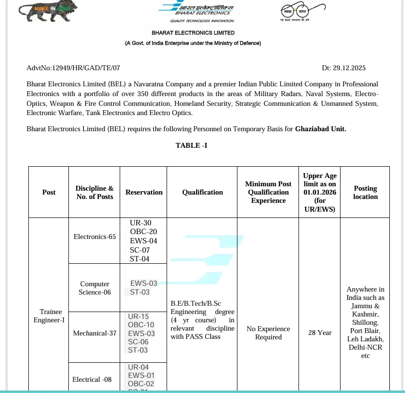BEL Trainee Engineer Recruitment 2026