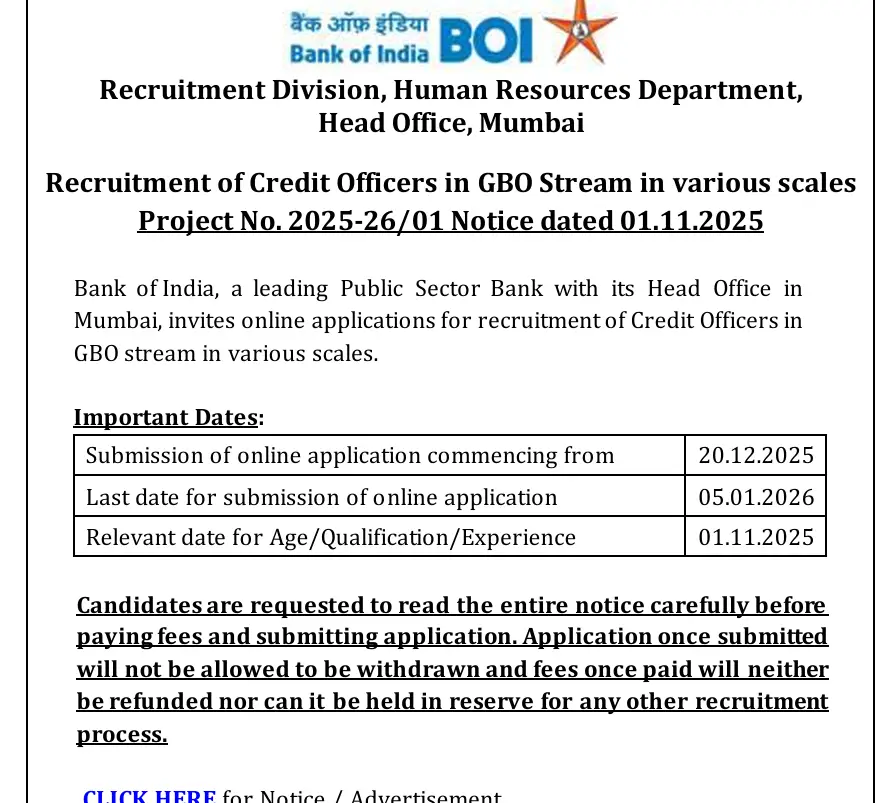 BOI Credit Officer Recruitment 2026