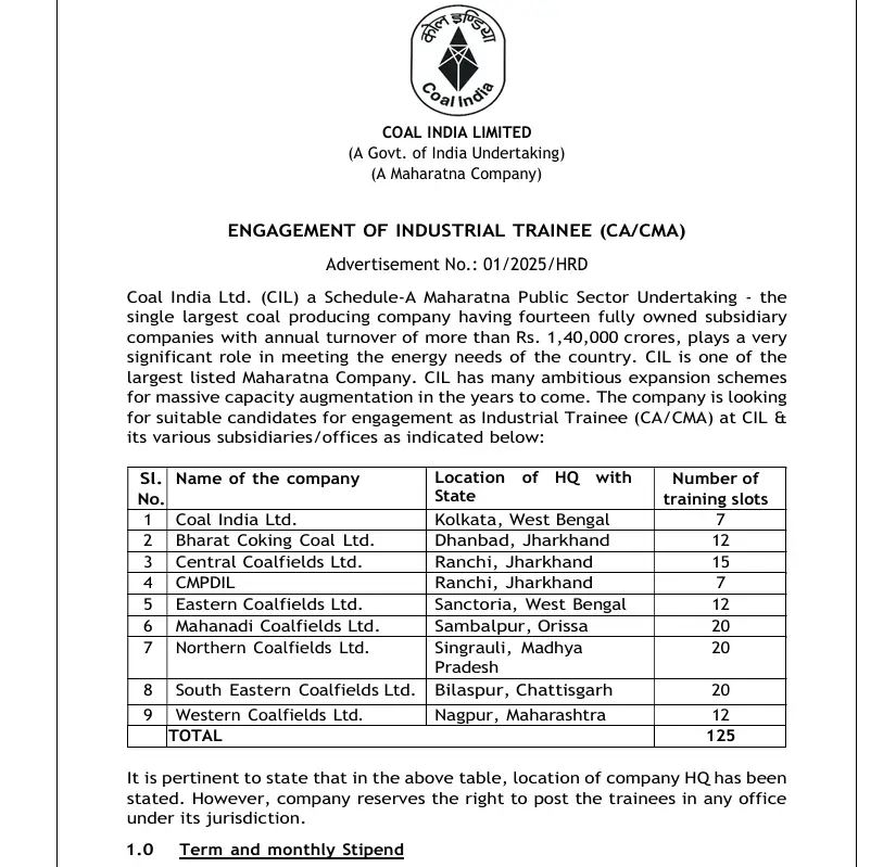 Coal India Trainee Recruitment 2025