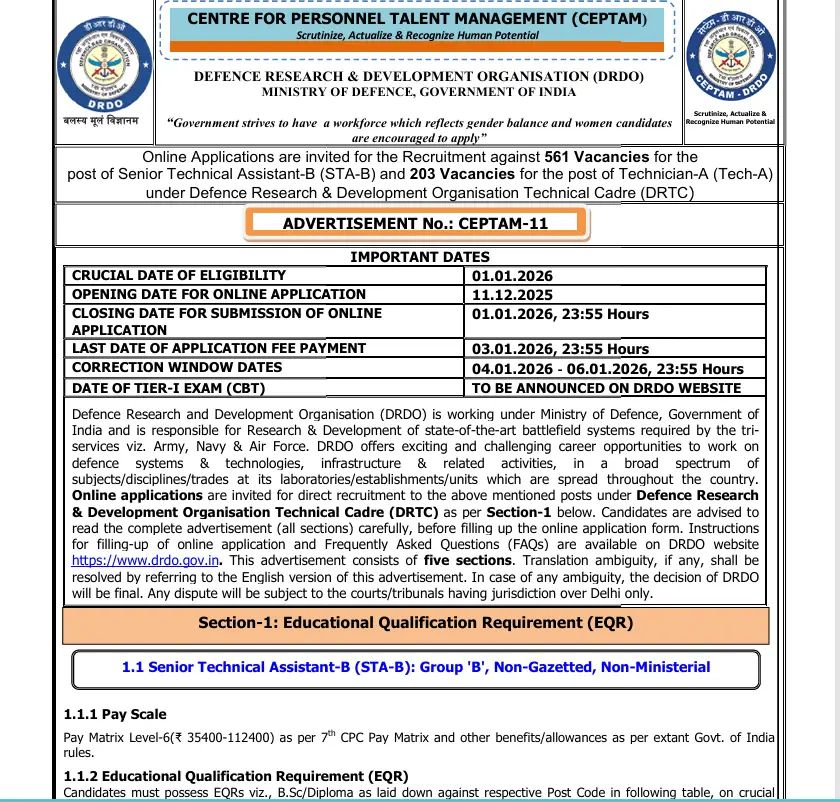 DRDO CEPTAM Recruitment 2025