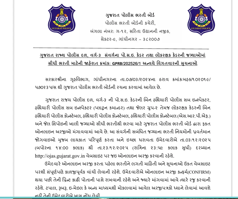 Gujarat Police Recruitment 2025