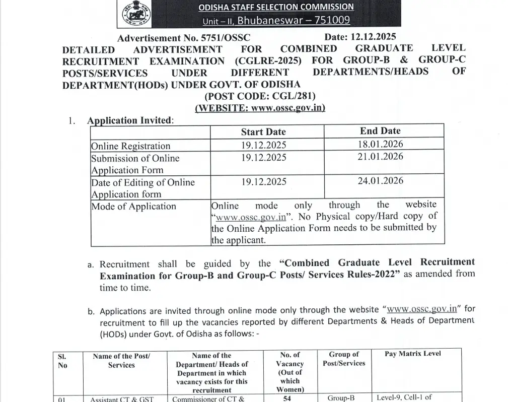 OSSC CGL Recruitment 2026