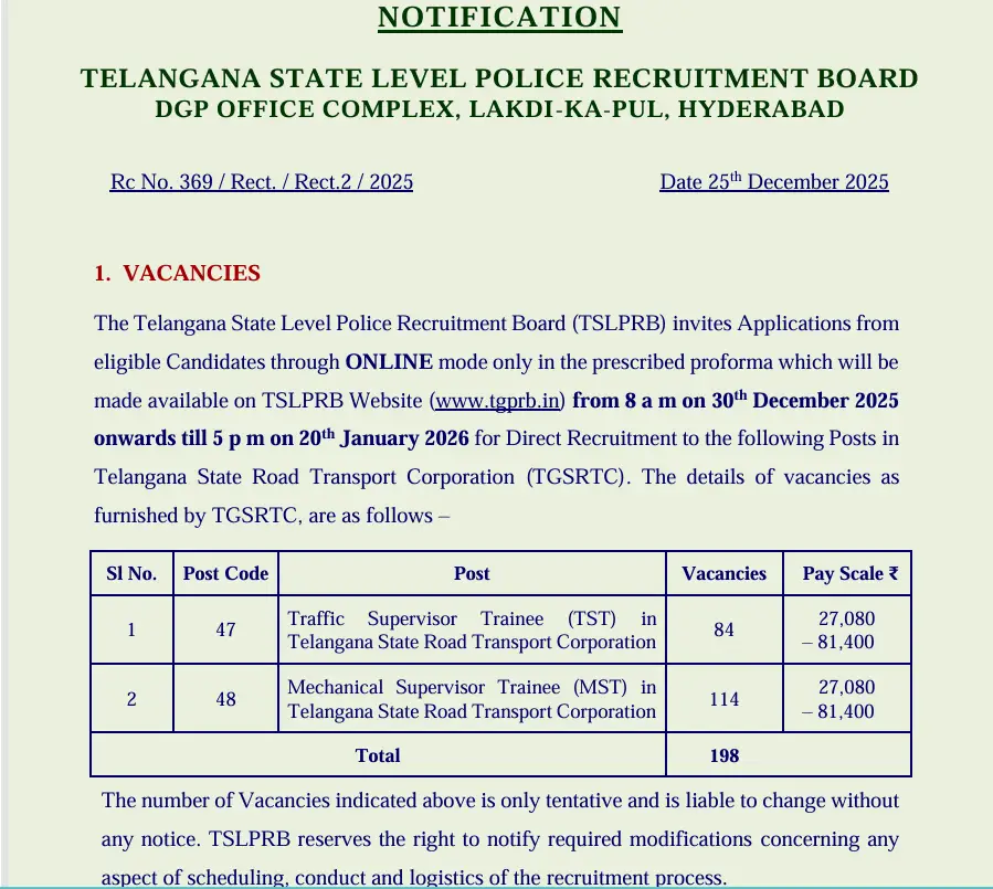TGSRTC Trainee Recruitment 2026