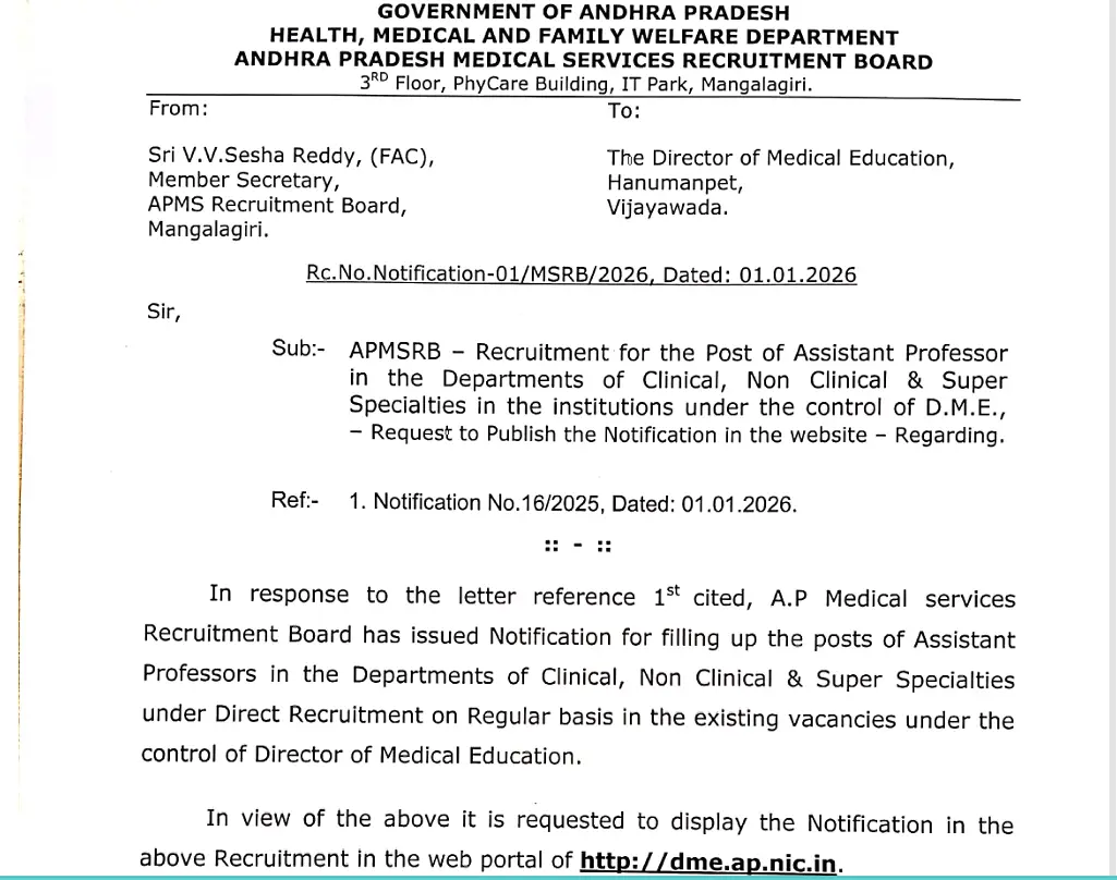 APMSRB Assistant Professor Recruitment 2026