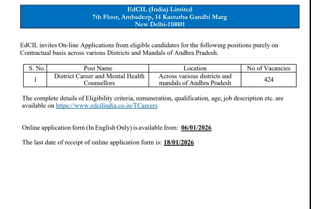 EdCIL Health Counsellors Recruitment 2026