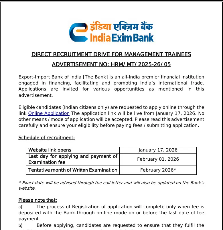 Exim Bank MT Recruitment 2026