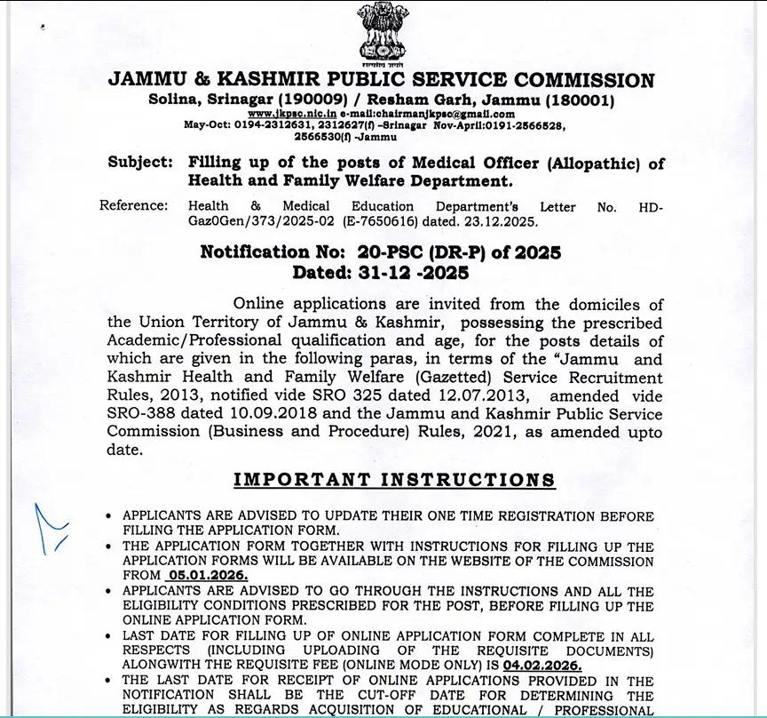 JKPSC Allopathic Recruitment 2026