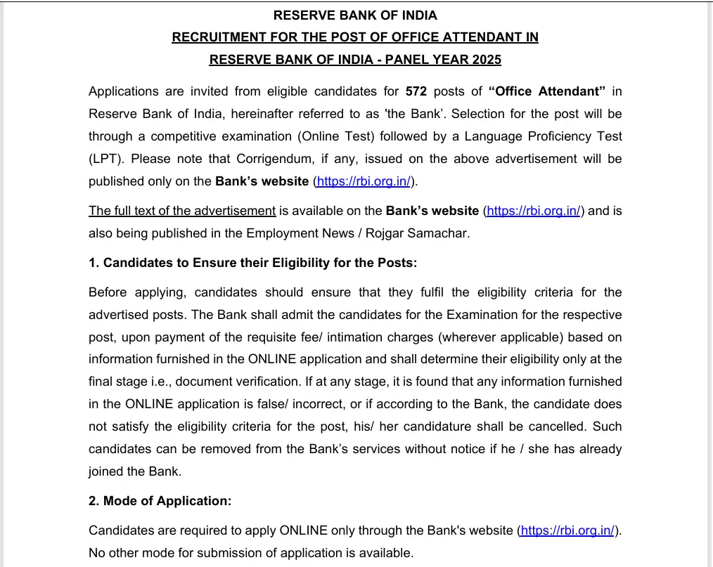 RBI Office Attendant Recruitment 2026
