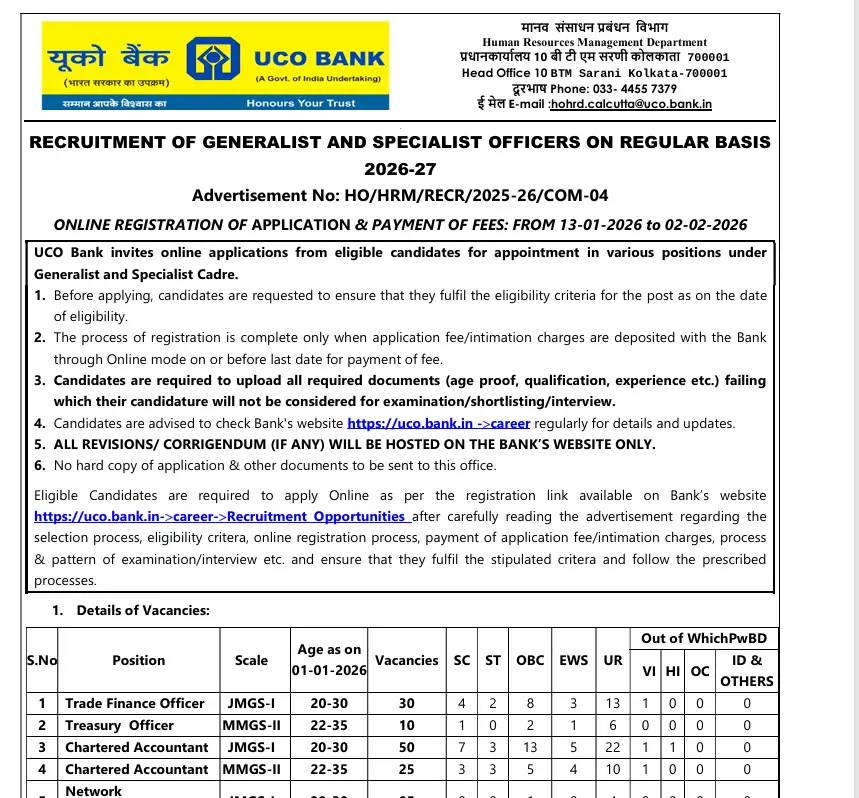 UCO Bank Generalist Recruitment 2026
