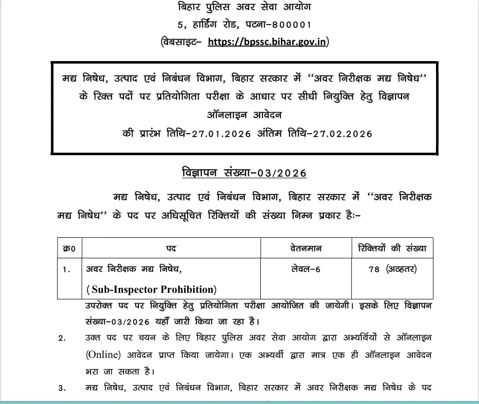 BPSSC Sub Inspector Recruitment 2026 